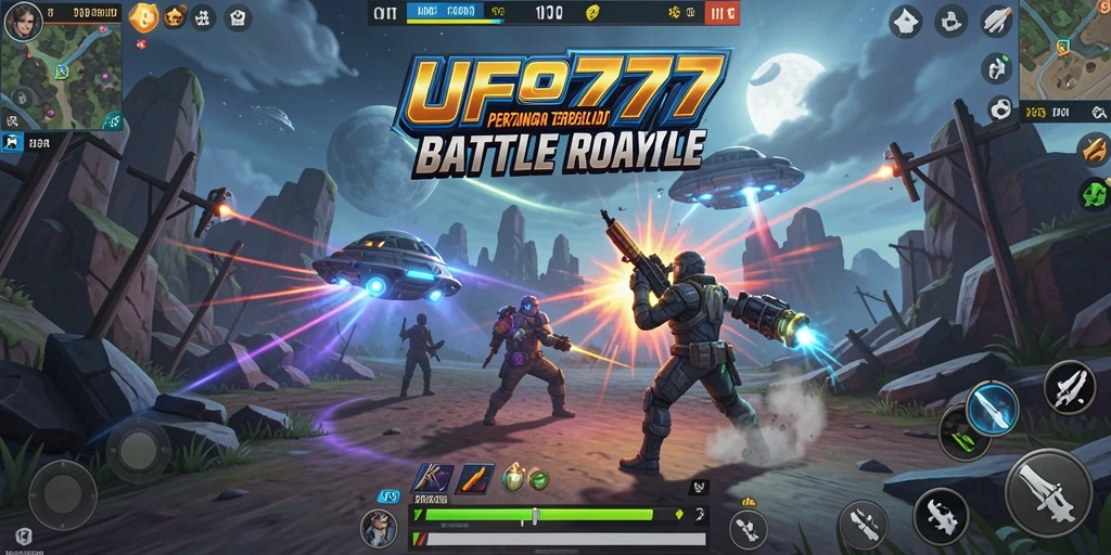 Screenshot utama UFO777 menampilkan pertempuran seru dalam mode Battle Royale.